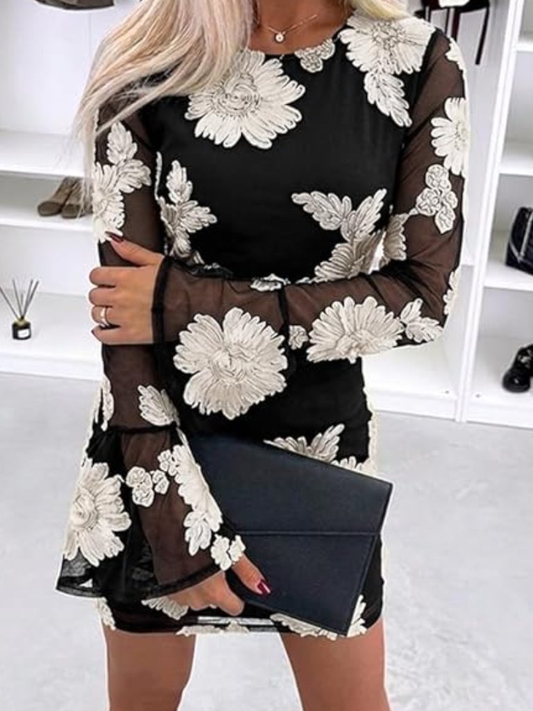 Mesh Mini Dress Long Bell Sleeve Floral Crew Neck Cocktail Dress Nwot M